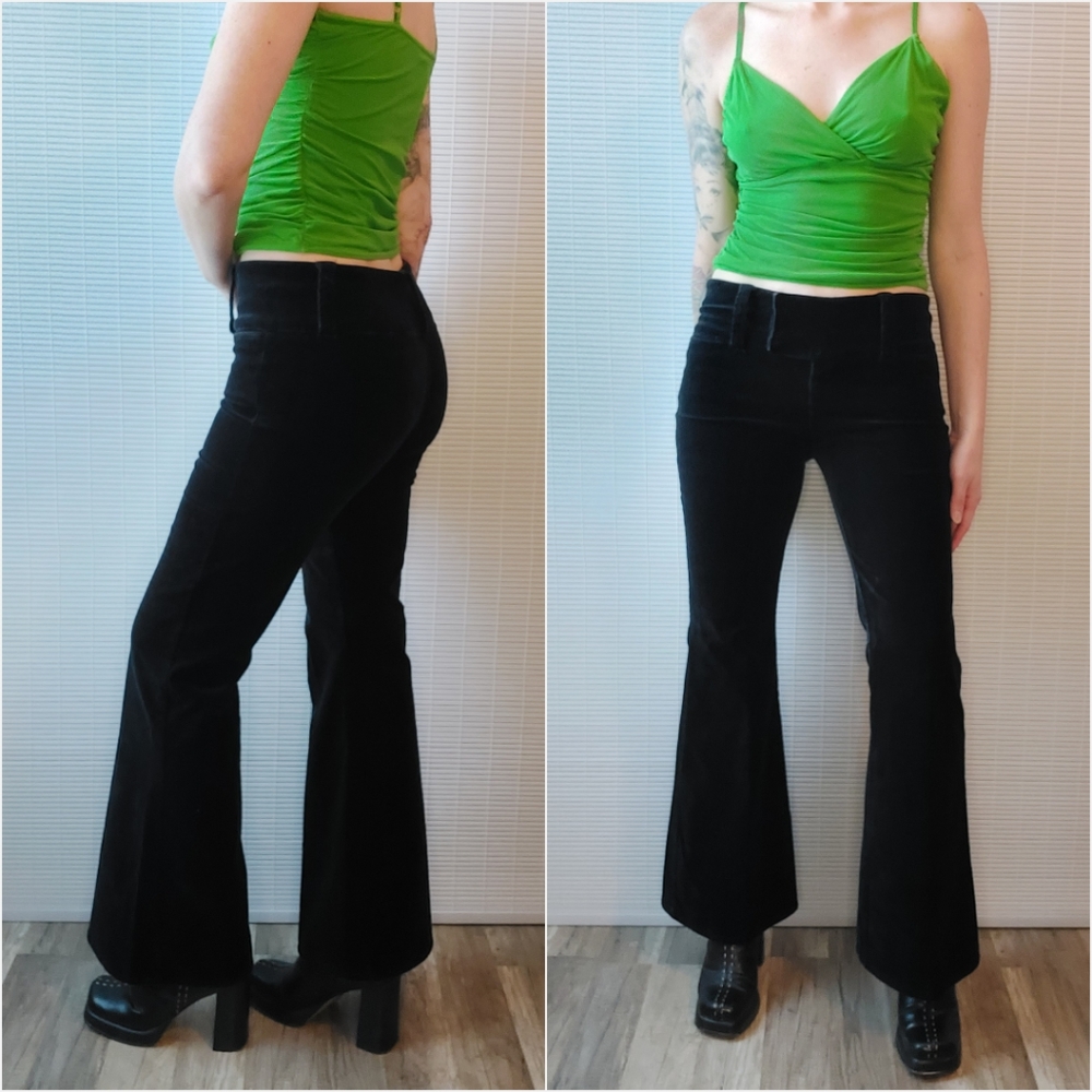 Vintage 90s Y2K Paris Blues Black Velvet Low Rise Flare Leg Pants Medium